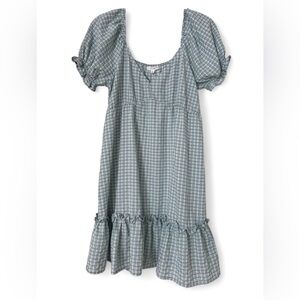 Teal & White Checkered Puff Sleeve Mini Dress - Size Large | E&M Boutique